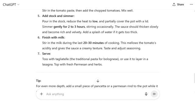 Cooking instructions provided by ChatGPT. Source: Tech.co testing