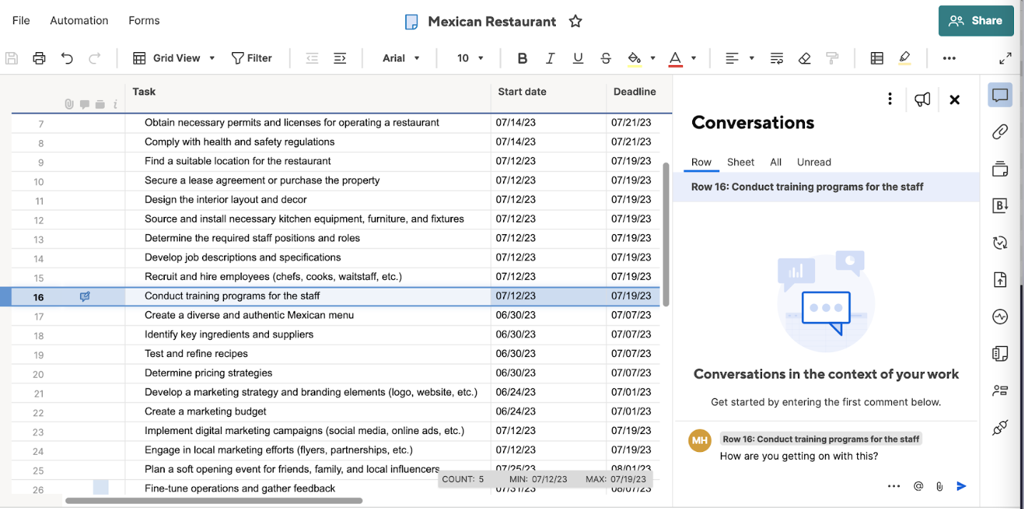commenting on tasks in Smartsheet
