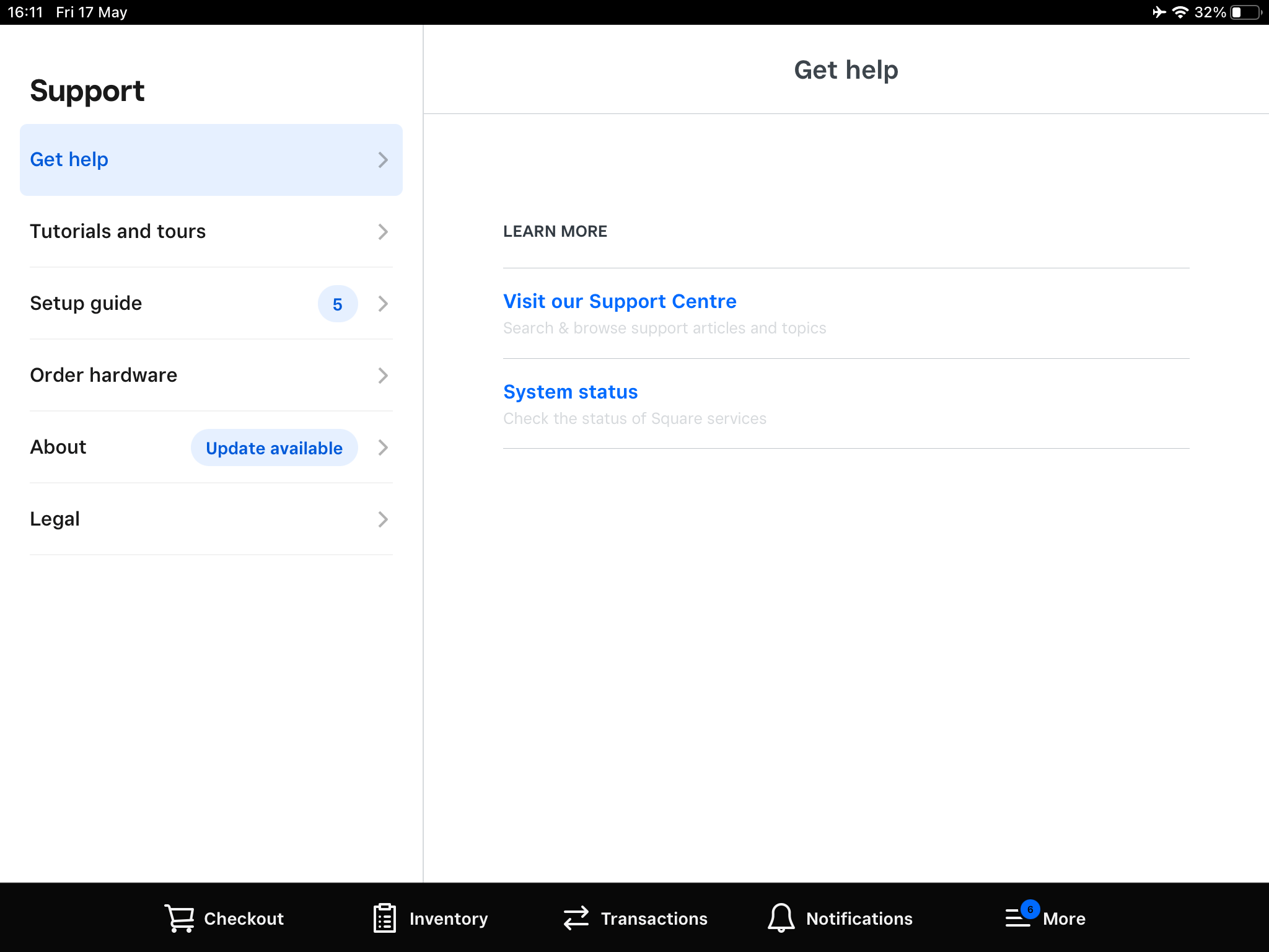 Square POS interface offers help and support