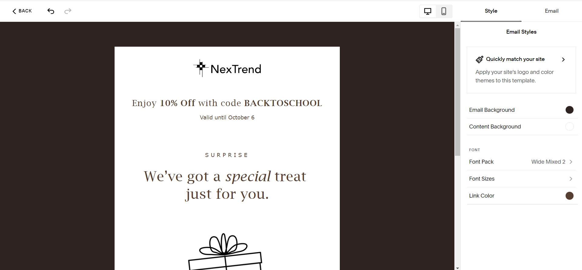 An email marketing campaign created with Squarespace. Source: Tech.co testing