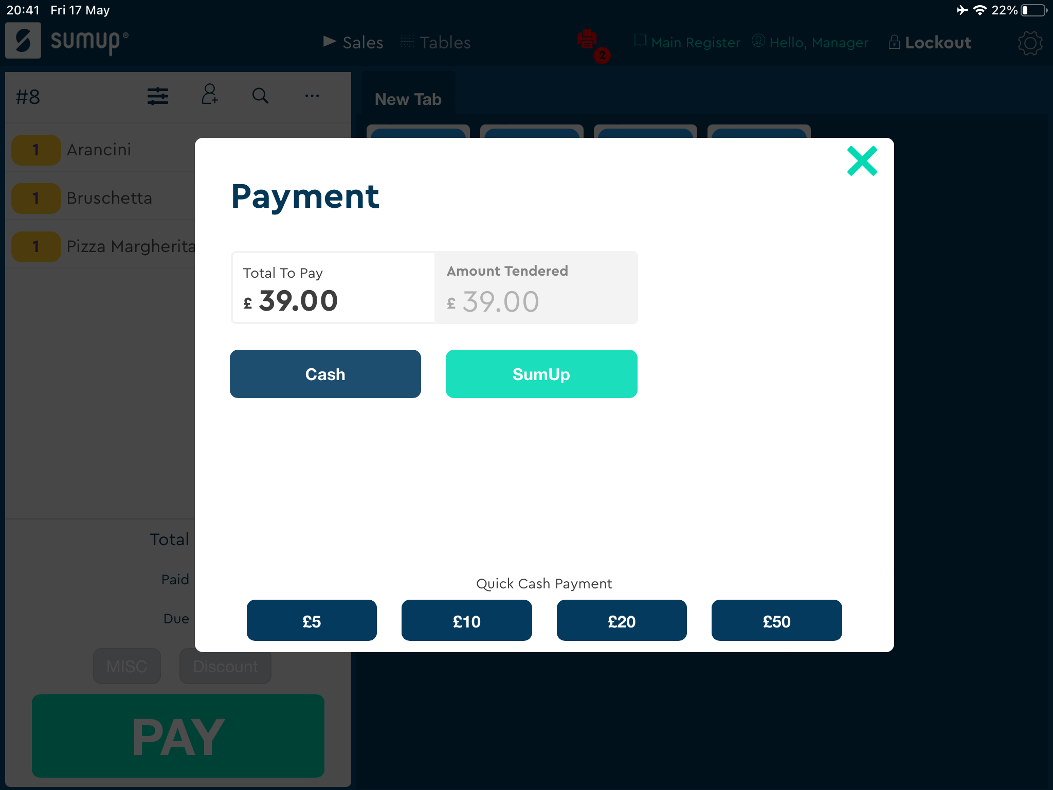 SumUp's simple interface supports cash payments.