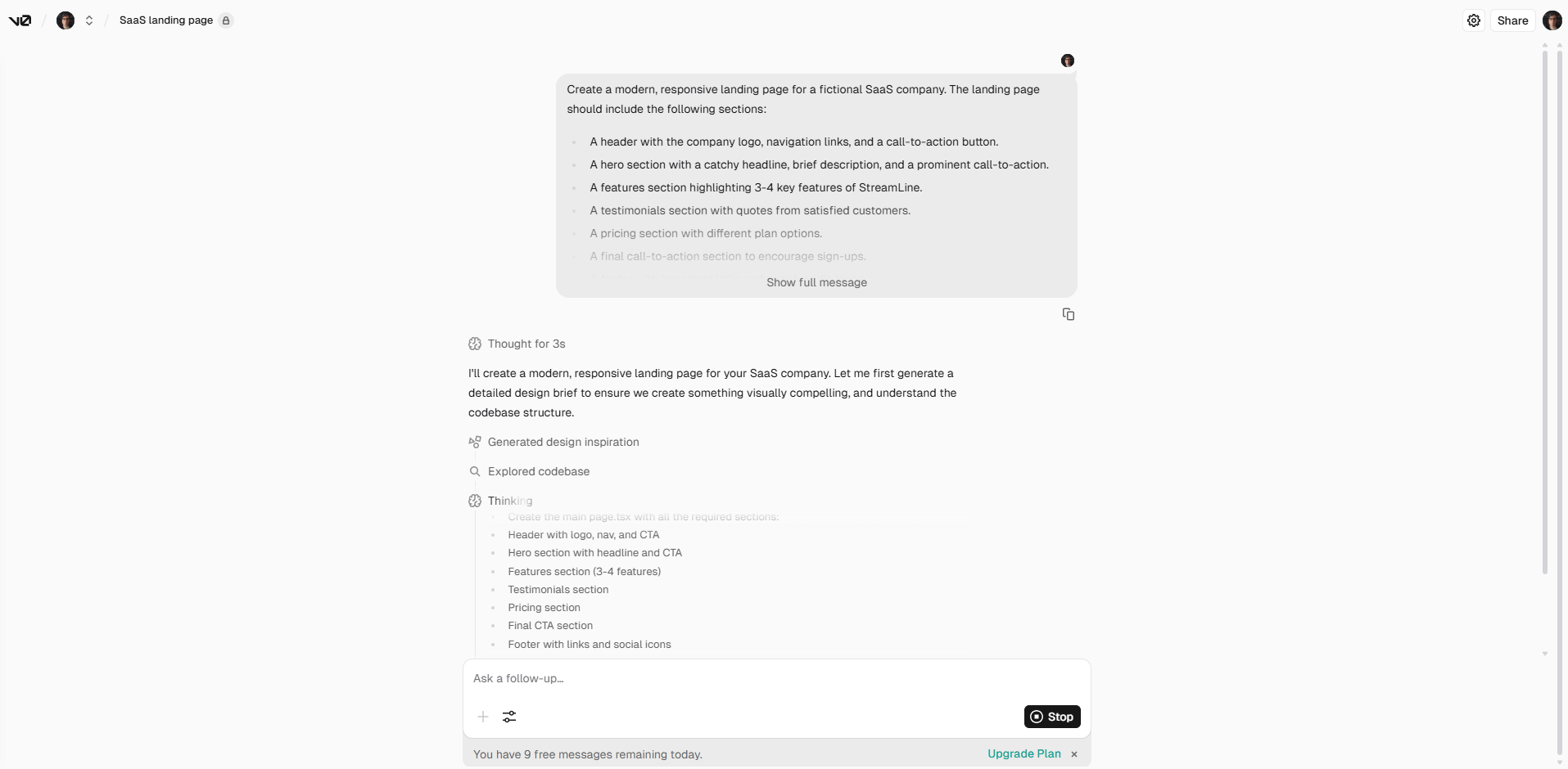 v0 offers an agentic chat bot for users to interact with.