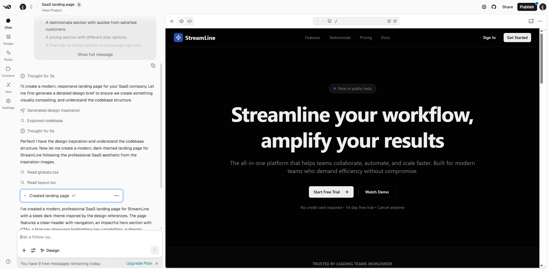 v0 creating a new website landing page from scratch. Source: Tech.co Testing