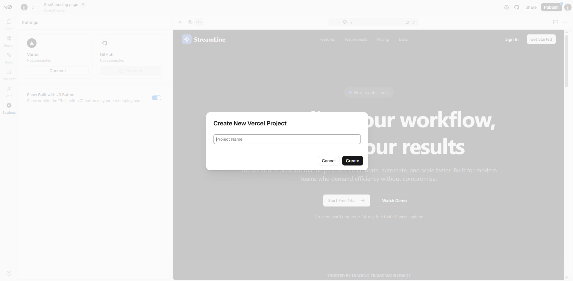 Using v0's Vercel AI integration. Source: Tech.co Testing