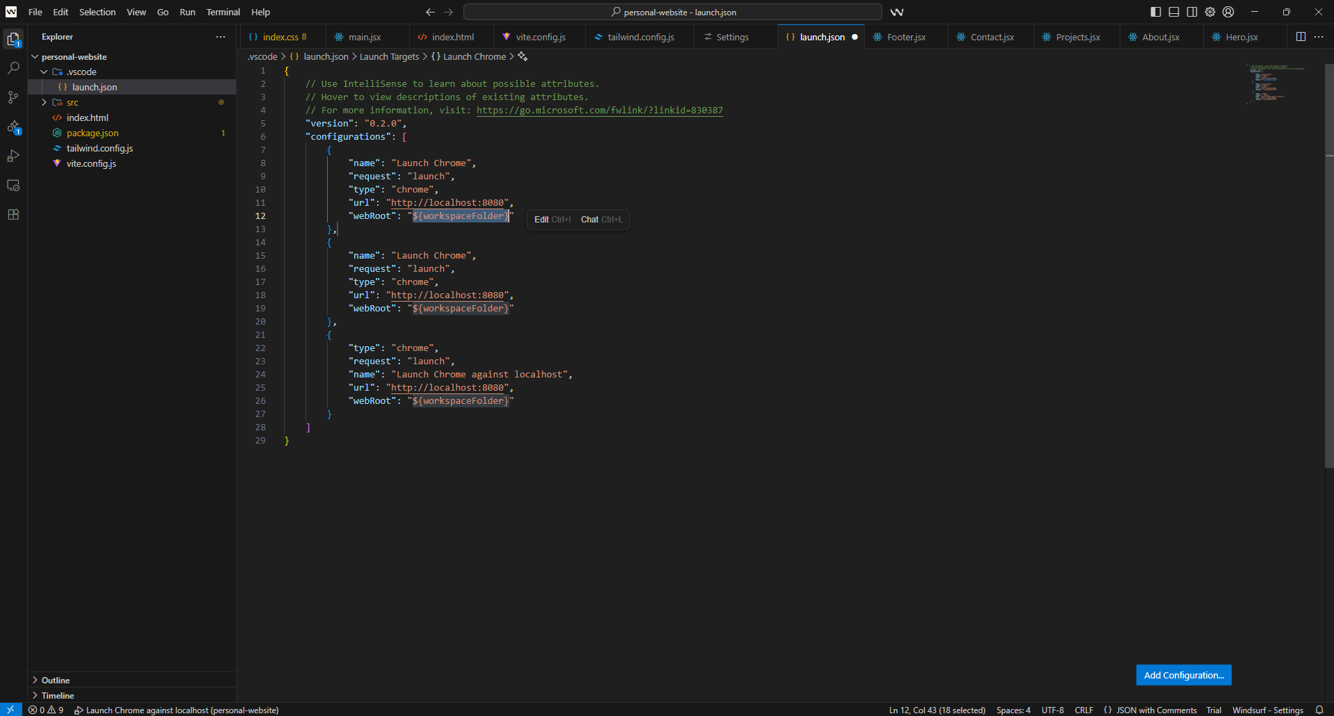 Debugging a personal website created on Windsurf. Source: Tech.co testing