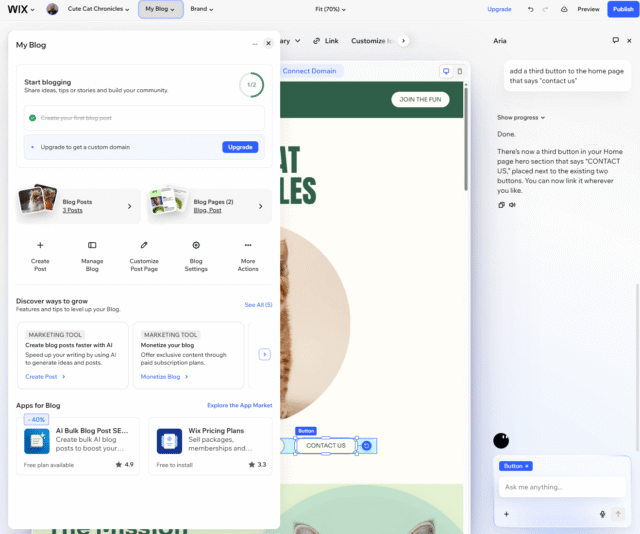 We were able to easily add blog posts directly to our AI-generated site on Wix Harmony. Source: Tech.co testing