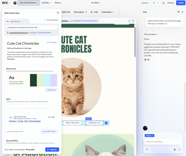 We had a lot of creative control with Wix Harmony, changing the color palate of the site with a single click. Source: Tech.co testing