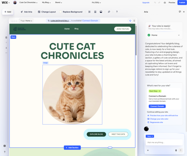 Wix Harmony generated an entire site for us based on a simple prompt. Source: Tech.co testing
