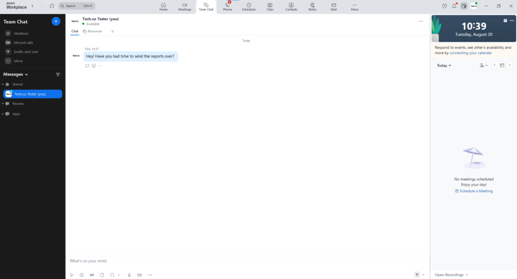 The chat interface in the Zoom Phone app. Source: Tech.co testing